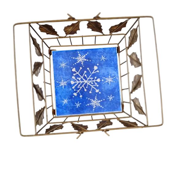 💙❄️Metal Square Basket Gold Holly Leaves & Blue Snowflake Tile Insert - Picture 5 of 12